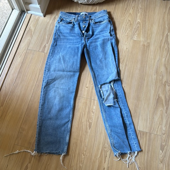 Re/Done Blue Relaxed Jeans with Frayed Bottoms